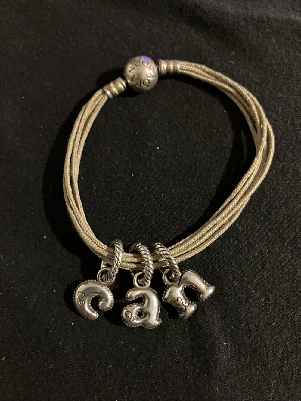 Pandora Olive Cord Bracelet with Silver CAN Charms